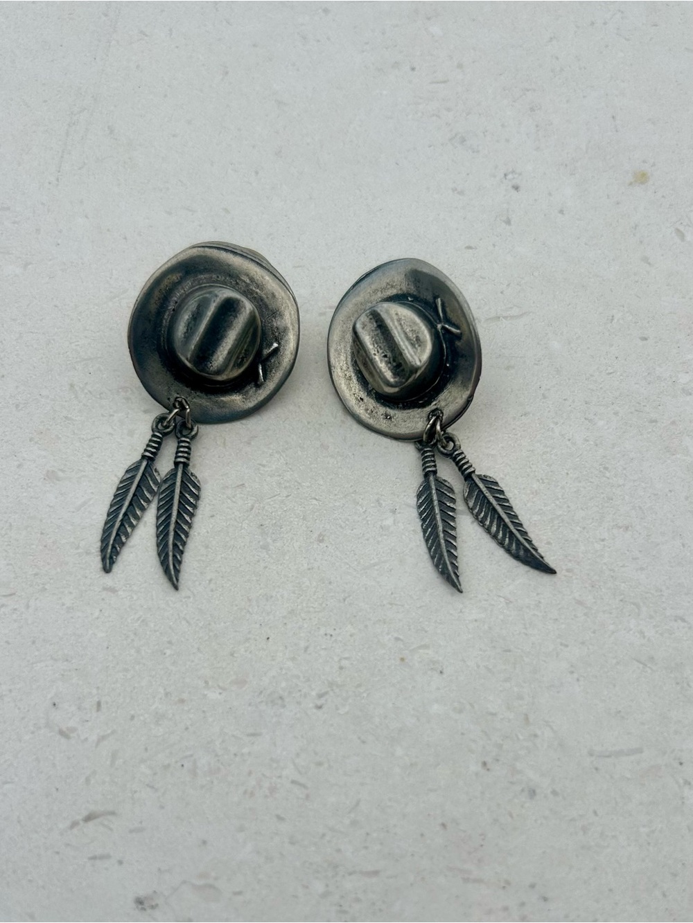 Silver-tone Western Cowboy Hat Post Earrings with Double Feather Drop Charms